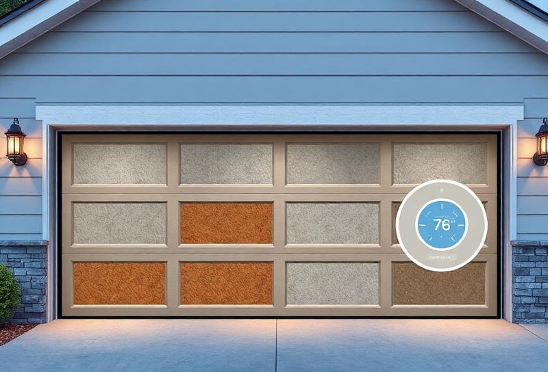 Energy-efficient insulated garage door installation showing R-value rating for savings