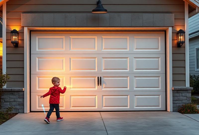Modern garage door with safety pinch protection feature highlighted for family safety