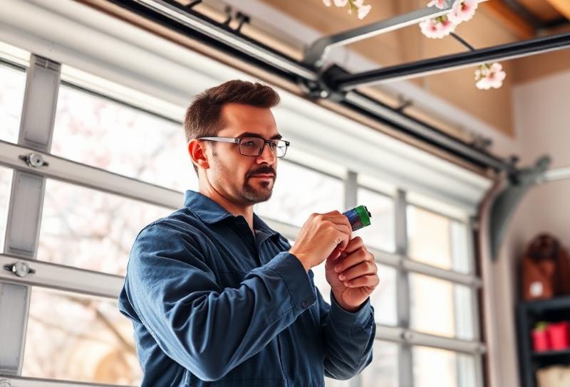Homeowner inspecting garage door during spring maintenance season in Oregon