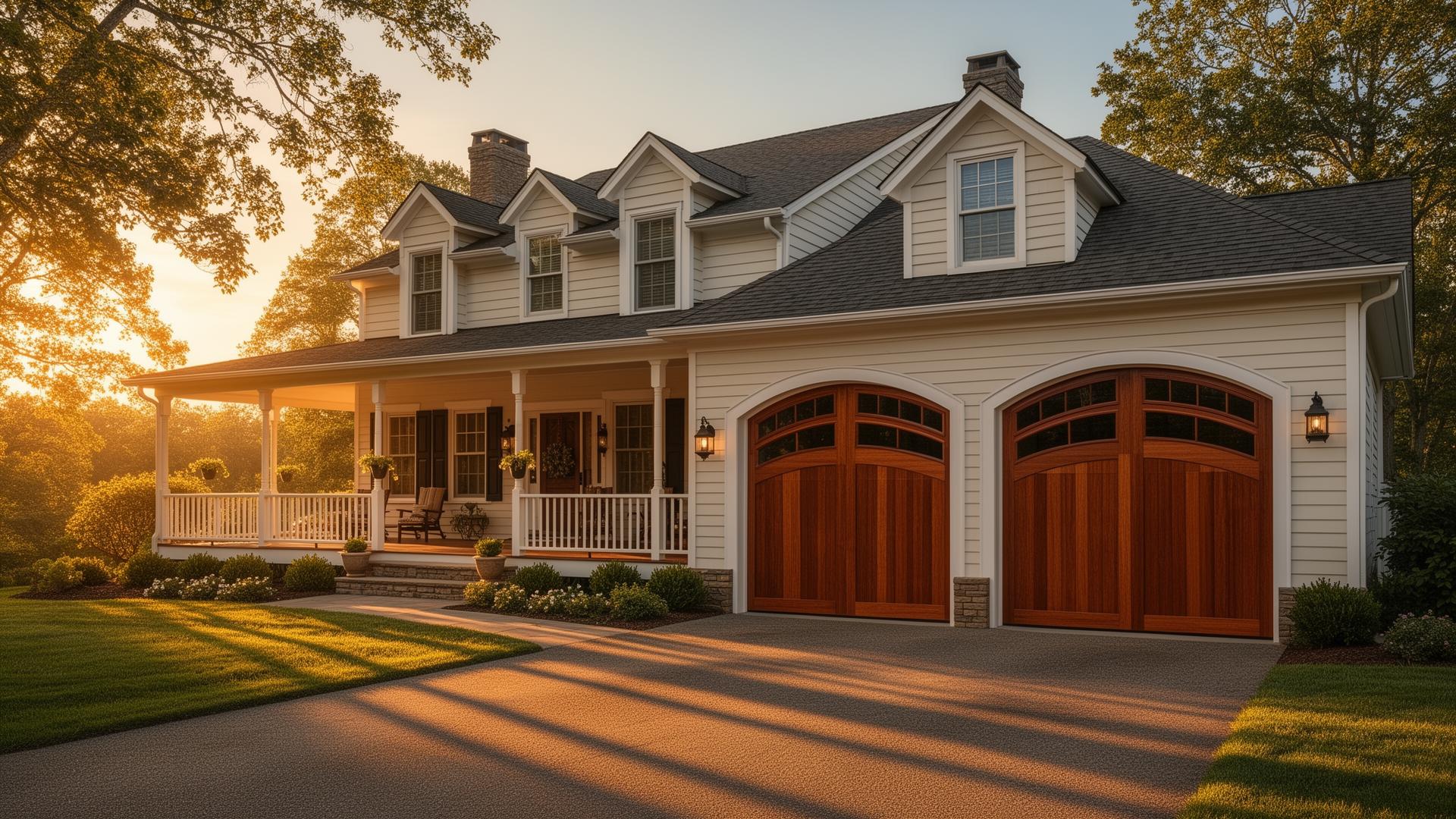 Beautiful mahogany wood garage doors with arched windows on a classic farmhouse in Myrtle Creek Oregon