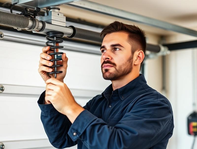 Skilled garage door technician balancing spring tension during professional repair service